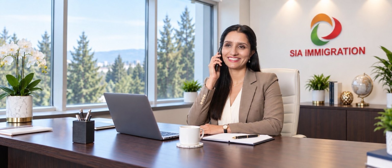 Immigration consultant speaking on the phone in the office